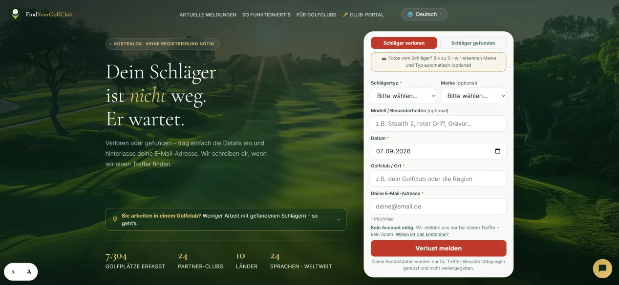 Startseite von findyourgolfclub.com in der Desktop-Ansicht, Bildschirmfoto vom 07.09.2026